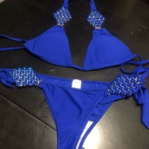 Cute ladies blue bikini with gems on the side and on top